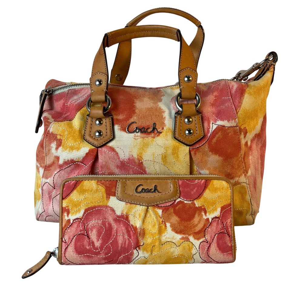 Coach Floral Watercolor Canvas Satchel Purse Wallet Set Leather Trim F21885